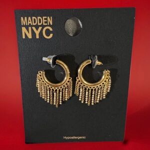 Madden NYC Women's Gold Tone Western Chain Fringe Medium Hoop Earrings NWT